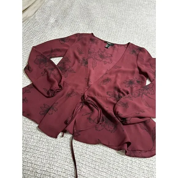 Forever 21 Wine Floral Tie Front Blouse S Fairy Grunge Romantic Witchy Aesthetic - Picture 6 of 10